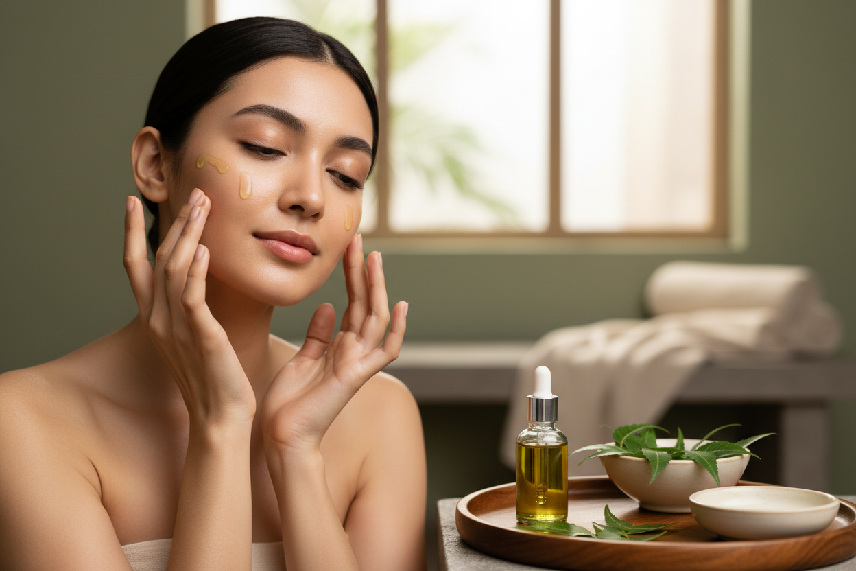 Woman applying neem oil